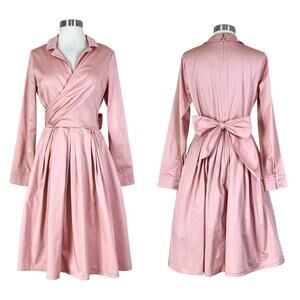 Gal Meets Glam | Elisabetta Pink Bow Wrap Retro Fit Flare 3/4 Sleeve Dress 4